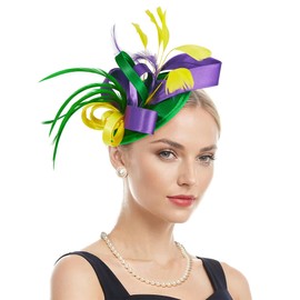 Zando Mardi Gras Fascinators Hats for Women Tea Party Hat Feathers Kentucky Derby Hats for Women 2024 Fascinator Headband Headpiece Cocktail Tea Hat Wedding Hair Clip Ribbon Yellow+Green+Purple Hat