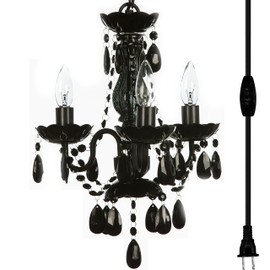 gypsy color The Original Brink House Plug-in 3 Light Black Hanging Swag Chandelier H17”xW12”, Black Metal Frame, Glass Stem and Acrylic Crystals