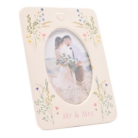 Love Story Mr & Mrs Ceramic Photo Frame – 4x6 Oval-Shaped Wedding Picture Frame | Floral Design Keepsake Gift for Couples, Engagements & Anniversaries | Romantic Home Decor