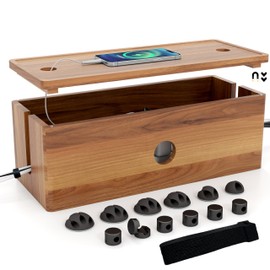 Acacia Wood Cord Organizer, Large Cable Management Solution, for Power Strips and Floor-Level Devices — Conceals TV Wires, Computer Cables, Router, USB Hub