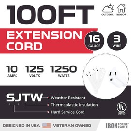 Iron Forge Cable 100ft White Outdoor Extension Cord with 3 Outlets - 16/3 SJTW 100ft Extension Cord 3 Prong, 10 Amp All-Weather Heavy Duty Power Cable