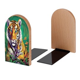 Buyidec Book Ends Tiger Family in Jungle Wood Bookends for Shelves to Hold Books Heavy Duty Non-Skid Book Stoppers Wood Decorative Home Office School