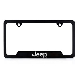 Jeep Black Coated Metal License Plate Frame with Exposed Chrome Jeep Bottom Notched