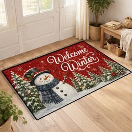 Winter Snowman Door Mat 35 x 23 Inch Non Slip Rubber Backed Entryway Rug, Soft Entrance Mat for Front Door, Kitchen, Bedroom, Holiday Home Decor