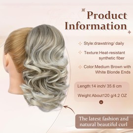 Flufymooz Ponytail Extension, 14 Inch Short Drawstring Ponytail Hair Extension for Women, Soft Synthetic Pony Tails Hairpiece for Women (Medium Brown with White Blonde Ends)