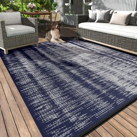 MontVoo Outdoor Rug Waterproof 5x8 ft Outdoor Carpet Patio Rug Mat Reversible RV Camping Rug Plastic Straw Outside Rug for Balcony Porch Deck Picnic Beach-Boho Outdoor Area Rug for Patio Decor Navy