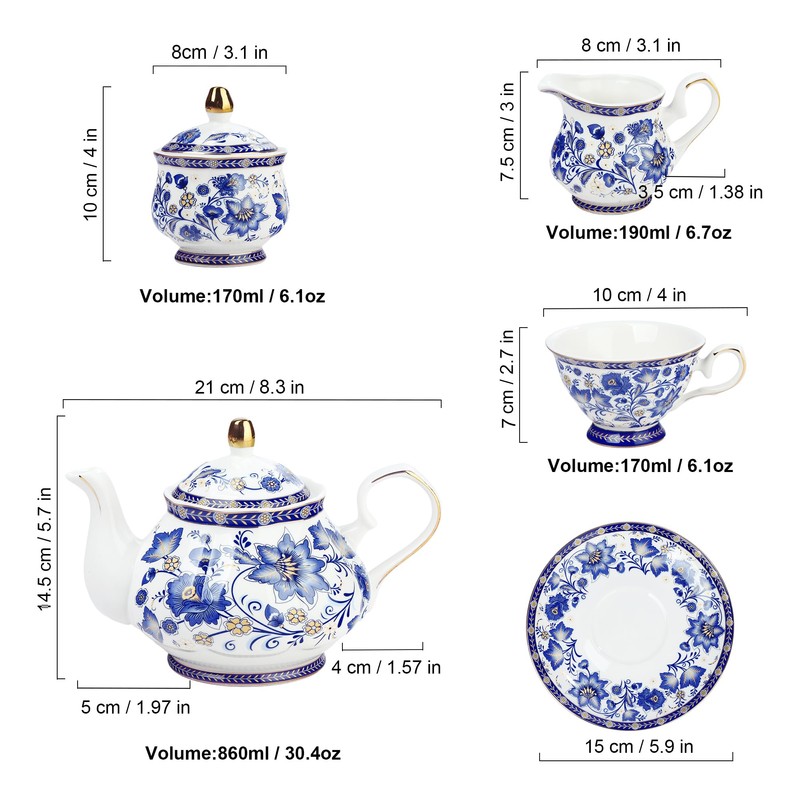 fanquare Porcelain Tea Sets,Blue British Coffee Cups& Saucer Service for