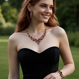 BriLove Bridal Jewellery Set for Wedding Women Rhinestone Crystal Teardrop Cluster Statement Necklace Dangle Earrings Link Bracelet Deep Amethyst Color Gold-Tone