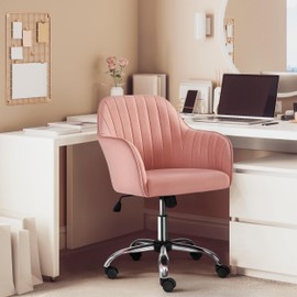 Yaheetech Pink Desk Vanity Chair Comfy Modern Aesthetic Accent Armchair Height Adjustable Swivel Computer Chair for Bedroom or Office