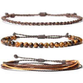XSDSLS 3 PCS Bracelet Set Men Natural Stone Bracelet Adjustable Beaded Bracelet Stackable Tiger's Eye Bracelet Boho Braided Bracelet Multi-Layer Woven Bracelet Gifts For Men (Tiger's Eye Yellow)
