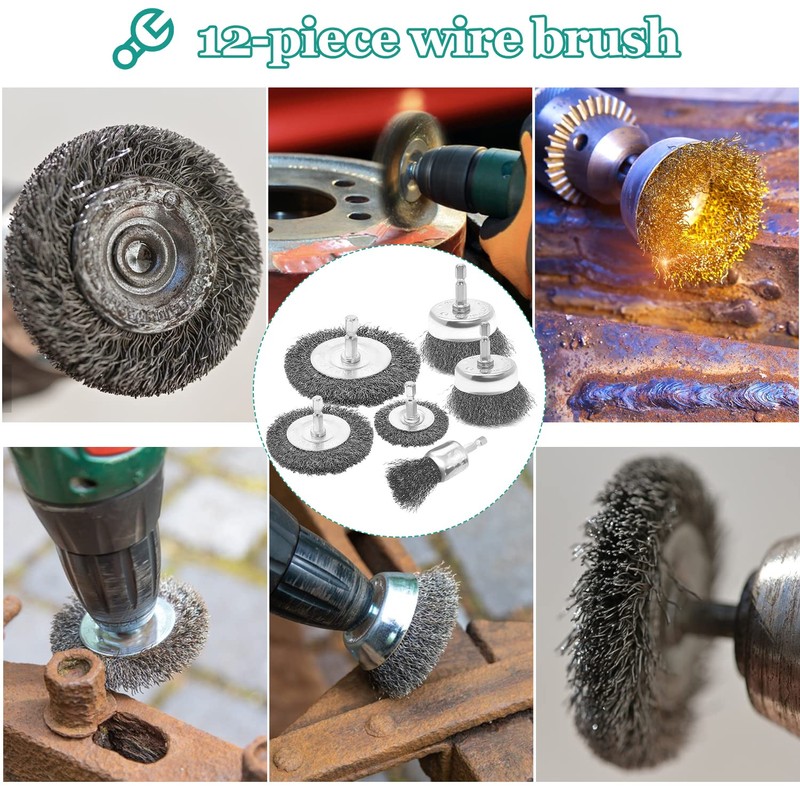 12-Piece Wire Brush Drill Set with Hexagonal Rod for Cordless