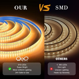 QooWare Warm White COB LED Strip Lights, 16.4ft Dimmable 3000K LED Light Strip, 910 LEDs 24V Flexible Led Lights for Bedroom, Kitchen, Under Cabinet Lights, Mirror, TV Backlights