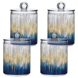 xigua 4 Pack Apothecary Jars with Lid, Gold & Blue, Qtip Holder Storage Jars for Cotton Swab, Cotton Round Pads, Clear Plastic Canisters for Bathroom Vanity Organization (10 Oz)