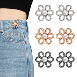 Xinjoduz Flower Jean Buttons 6 Sets Pant Waist Tightener, Adjustable Waist Buckle Sets No Sew and No Tools Detachable Decorative Waist Buckles, Jeans Buttons Pins for Loose Jeans Pants Skirts(3 Color)