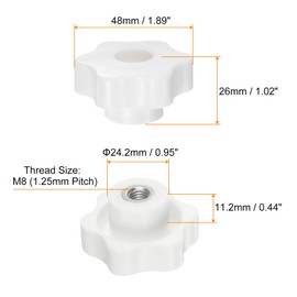 HARFINGTON 6pcs Star Knobs M8 Female Thread 48mm 6-Point Plastic Head Metal Insert Through Hole Screw-in Threaded Hand Knob Clamping Handle, White