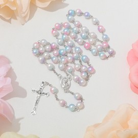 Aoxmas Simulated Pearl Rosary Necklace with Crucifix Pendant, Long Beaded Chain with Silver Plated Metal Cross Pendant for Women