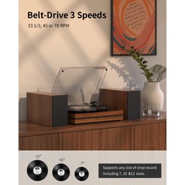 Vintage Record Player with External Speakers Belt-Drive Turntable for Vinyl Records Dual Stereo Speakers LP Players Support 3 Speed 3 Size Wireless Playback AUX Headphone Input Auto Stop Wood Red