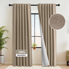 RYB HOME 100% Blackout Flax Linen Curtains 90 Inch Long, Light Block and Thermal Insulated Drapes, Total Blackout Curtains for Living Room/Bedroom/Nursery, 2 Panels, 52 Inch Wide, Mocha