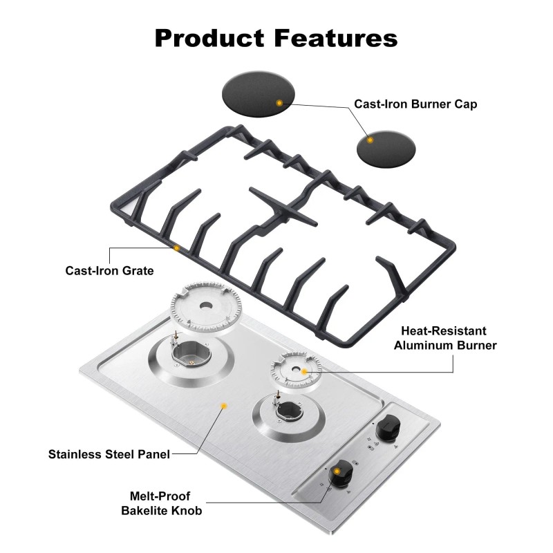 12 Inch Built-In Stainless Steel/Tempered Glass Gas Cooktop 2-Burner Propane