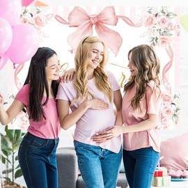 Printspree Coquette Pink Bow Baby Shower Backdrop 9x6ft - Elegant Floral A Sweet Little Girl is on The Way Background for Girl Baby Shower Gender Reveal Party Decorations and Nursery Decor