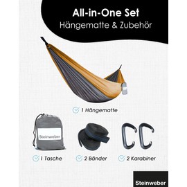 STEINWEBER Ultralight Hammock for Camping & Hiking - Parachute Silk 285 x 160 cm for 2 People - 250 kg Load Capacity (Orange)