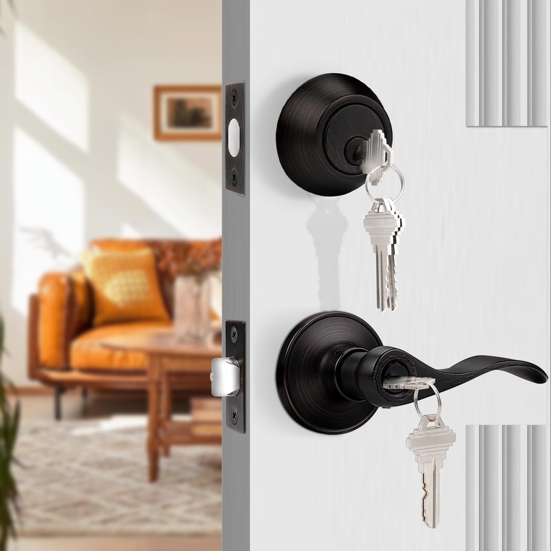Probrico Oil Rubbed Bronze Entry Lever and Deabolt Set, Keyed