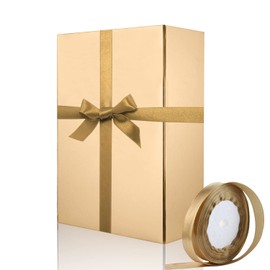 Gift Box with Lid, Magnetic Gift Box, Large with Ribbon, Reusable Rectangle Presentation Box, Gift Packaging for Weddings, Birthdays (Gold, 28 x 20 x 9 cm)