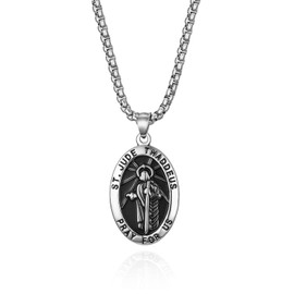 Flongo Rosary Men's Pendant Women's Necklace Stainless Steel Pendant Necklace Chain Silver Gold Golden St. Jude Thaddaeus Retro Oval Medallion, Stainless steel, high-quality, Thaddaeus