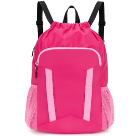 Veious Drawstring Backpack for Kids Sports Gym Bag with Shoes Compartment, Water Resistant Beach Swim Bag String Backpack for Girls and Boys, Pink