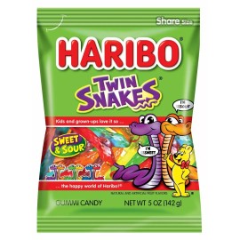 Haribo of America Twin Snakes Gummi Candy Sweet & Sour Flavors 5 Ounce (12-Bags)