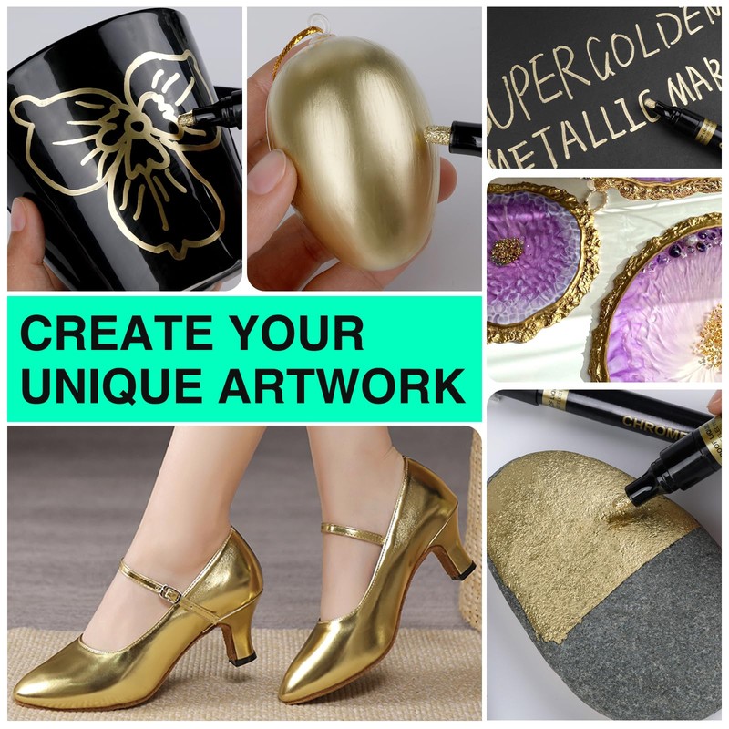 KERIFI Liquid Gold Chrome Markers, Supper Golden Metallic Paint Pens,