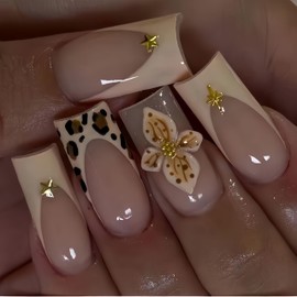 Medium Press on Nails Square Fake Nails Brown False Nails Cute Artificial Nails with 3D Floral and Gold Charm Designs Acrylic Nails Press ons LeopardStick on Nails for Women 24pcs
