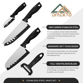 DFACKTO 4-Piece Kitchen Knife Set with Vegetable Peeler without Block – Stainless Steel Knives for Kitchen, Dishwasher Safe Cooking Knife Set with Covers, Sharp Cutting Knives for Cooking – Black