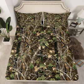 Feelyou Kids Camouflage Fitted Sheet Twin Size Tree Leaf Bed Sheet Set for Boys Girls Room Decor Vintage Farmhouse Bedding Set Women Men Bed Cover Deep Pocket,Top Sheet Not Included