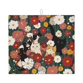 Cute Cat Flowers Dish Drying Mat 16x18 Inch, Microfiber Absorbent Fast Dry Mat Colorful Floral Large Dish Mat Drying Kitchen Mat, Kitchen Drying Pad for Kitchen Counter Coffee Bar Decor Gifts