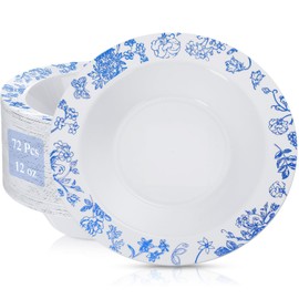Newtay 72 Pack Plastic Bowls with Floral Edge, 12oz Disposable Hot Soup Salad Bowls Bulk for Parties Weddings Christmas(Blue)