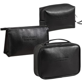 Veki Toiletry Bag Set of 3 Toiletry Bag, PU Leather Large Cosmetic Bag Organiser for Women and Girls, Portable Waterproof Travel Cosmetic Bags, black leather, simple