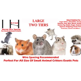 Two Tiers Large Ferret Hammock Chinchilla Guinea Pig Rabbit Mouse Critter Home Rolling Cage Tight 1/2-inch Bar Spacing Easy Clean Pull Out Grate Tray Water Bottle Food Bowl On Wheels
