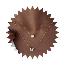 Cimenexe Bohemian Layered Crystal Choker Necklace Gold CZ Butterfly Pendant Necklace Small Paved Butterfly Necklace Rhinestone Butterfly Chain Necklace Jewellery for Women, Zinc, No Gemstone