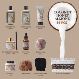Bath and Body Gift Basket For Women and Men Spa Gift Basket Coconut Almond 16 Pcs Bath Scents for Women,Bath Gift Set Includes Fragrant Lotion, Home Spa Luxurious Bath Body Oil, Diffuser & More