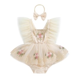 Infant Baby Girl Romper Embroidery Flower Lace Baby Tutu Dress Romper Baby Girl Festival Clothes with Bow Headband (Beige, 18-24 Months)