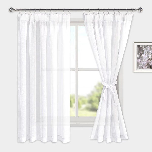 DWCN Voile Curtains with Ruffle Tape, Linen Look, 2 Pieces, Semi-Transparent Curtains for Living Room, Transparent Curtains, Short, White, 160 x 140 cm (Height x Width)
