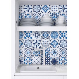 197"x 17.7"Blue Pattern Contact Paper Glossy Surface Waterproof Contact Paper Decorative Self Adhesive for Kitchen Bathroom Counters Removable Counter Paper Peel and Stick Wallpaper Easy to Clean