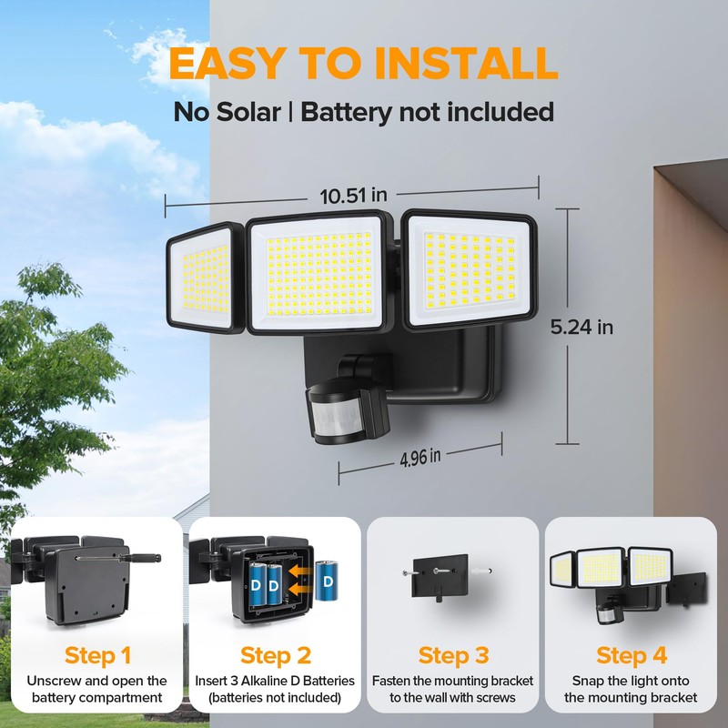 UME Battery Powered Motion Sensor Outdoor Lights 302 LED 1800LM,