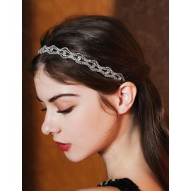 YUEKISEN Silver Elastic Rhinestone Headband Bridal Crystal Headband Fashion Forehead Head Chain for Women Sparkly Crystal Hair Band Shiny Hair Accessories