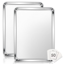 Large Baking Sheet, E-far 18”x13” Stainless Steel Cookie Sheet Pan for Oven with 50 Parchment Paper, Rectangle Metal Baking Tray for Roasting, Rust Free & Heavy Duty, Dishwasher Safe-2 Pack