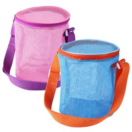 2pcs Beach Storage Bag, Foldable Mesh Shell Holder Seashell Collecting Tools Travel Sand Toys Storage Bucket for Sandbox Vacation (Large)