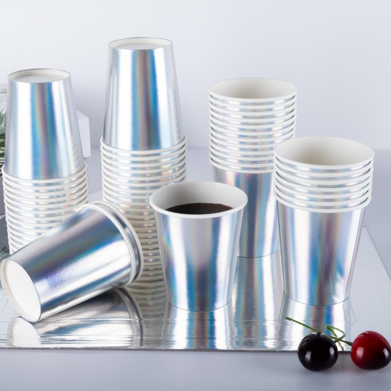CEILIWEN 100 Pack 9oz Iridescent Holographic Rainbow Paper Cups -