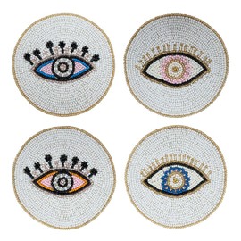 Folkulture Beaded Coasters for Drinks Set of 4 or Coffee Table, 4" Round Decorative Bar Coasters for Table Décorations, Cute Boho Coasters Set of 4 Evil Eye Decor Gifts for Her | Valentine Gifts
