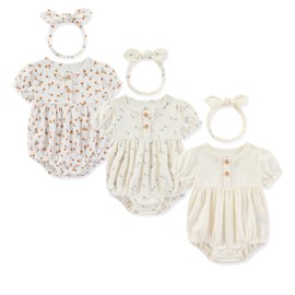 Ecojoy Newborn Baby Girl Romper 3 Pieces Long/Short Sleeve Summer Fall Bodysuit with 3 Headbands/Hats, color1